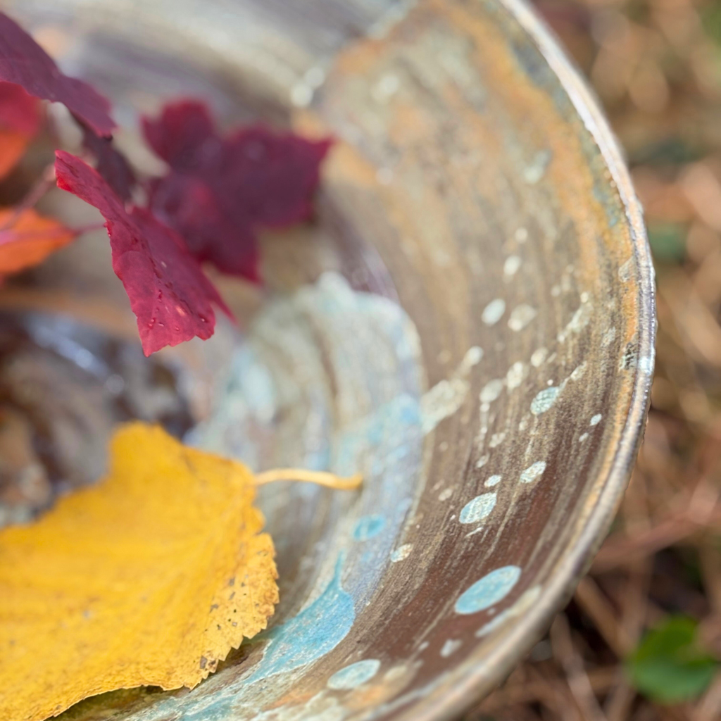 Fruit/Service bowl with copper and matte teal accents