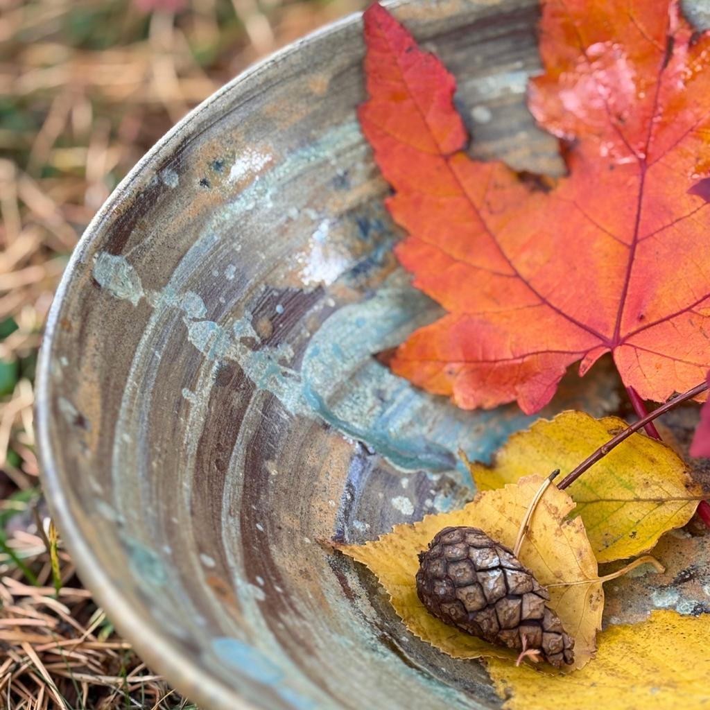 Fruit/Service bowl with copper and matte teal accents