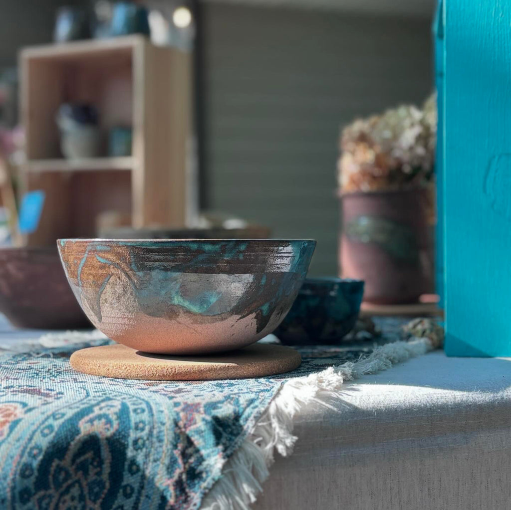 8" Service/Tonki Bowl with blue-green accents