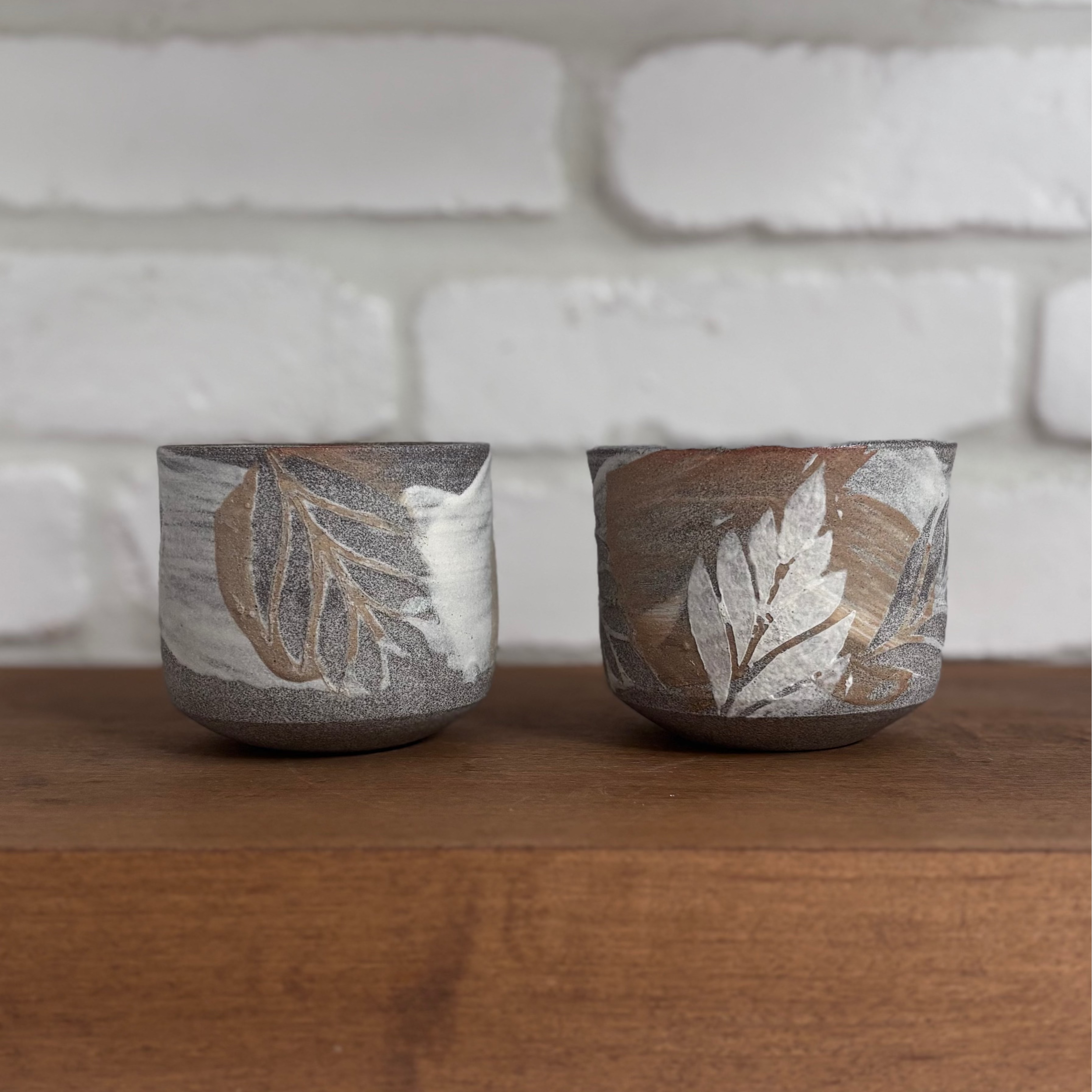 Set of 2 stone colored chawan tumblers with plant motifs 6oz/175ml