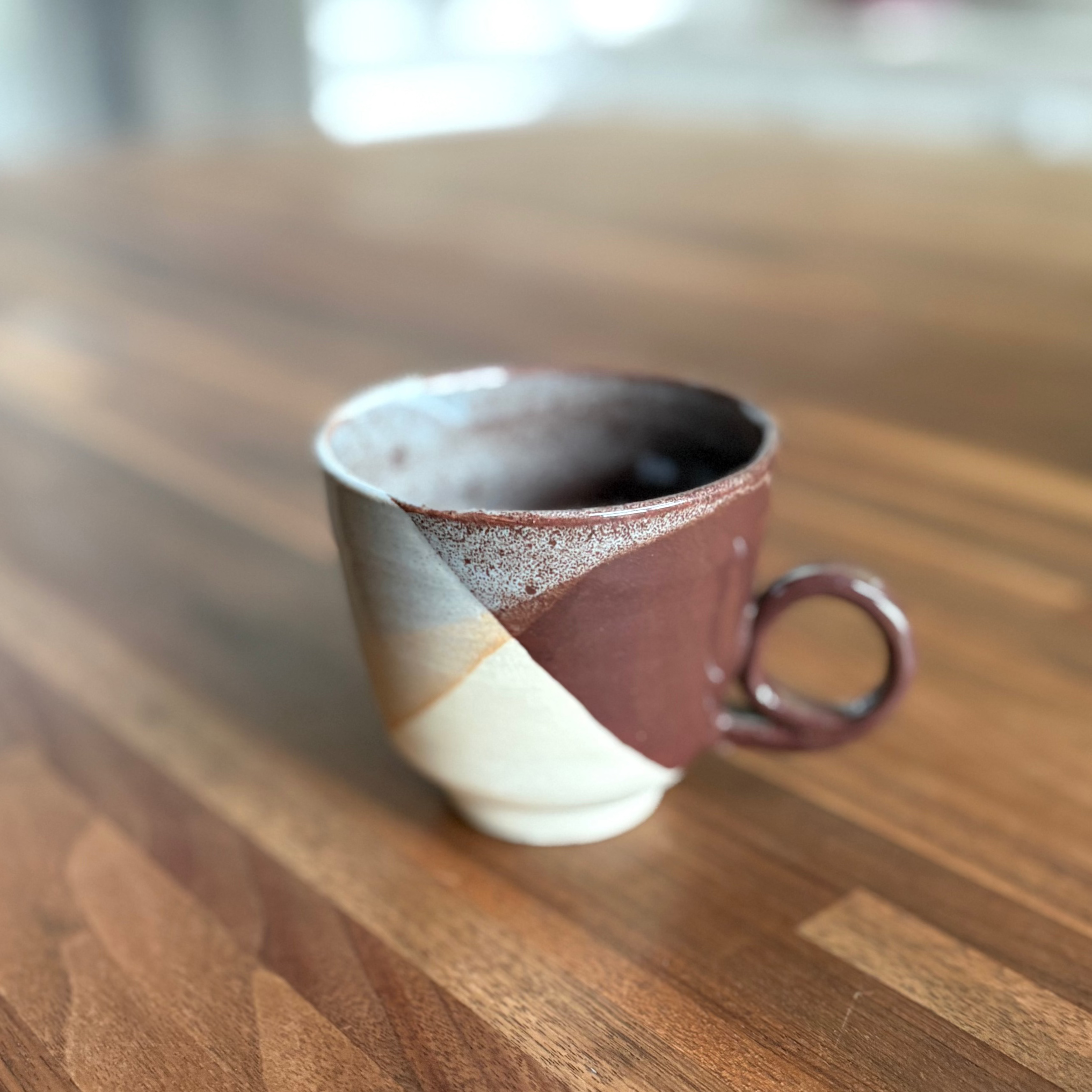 Mug with curlicue handle - chocolate, apricot and dove grey - 5oz/150ml
