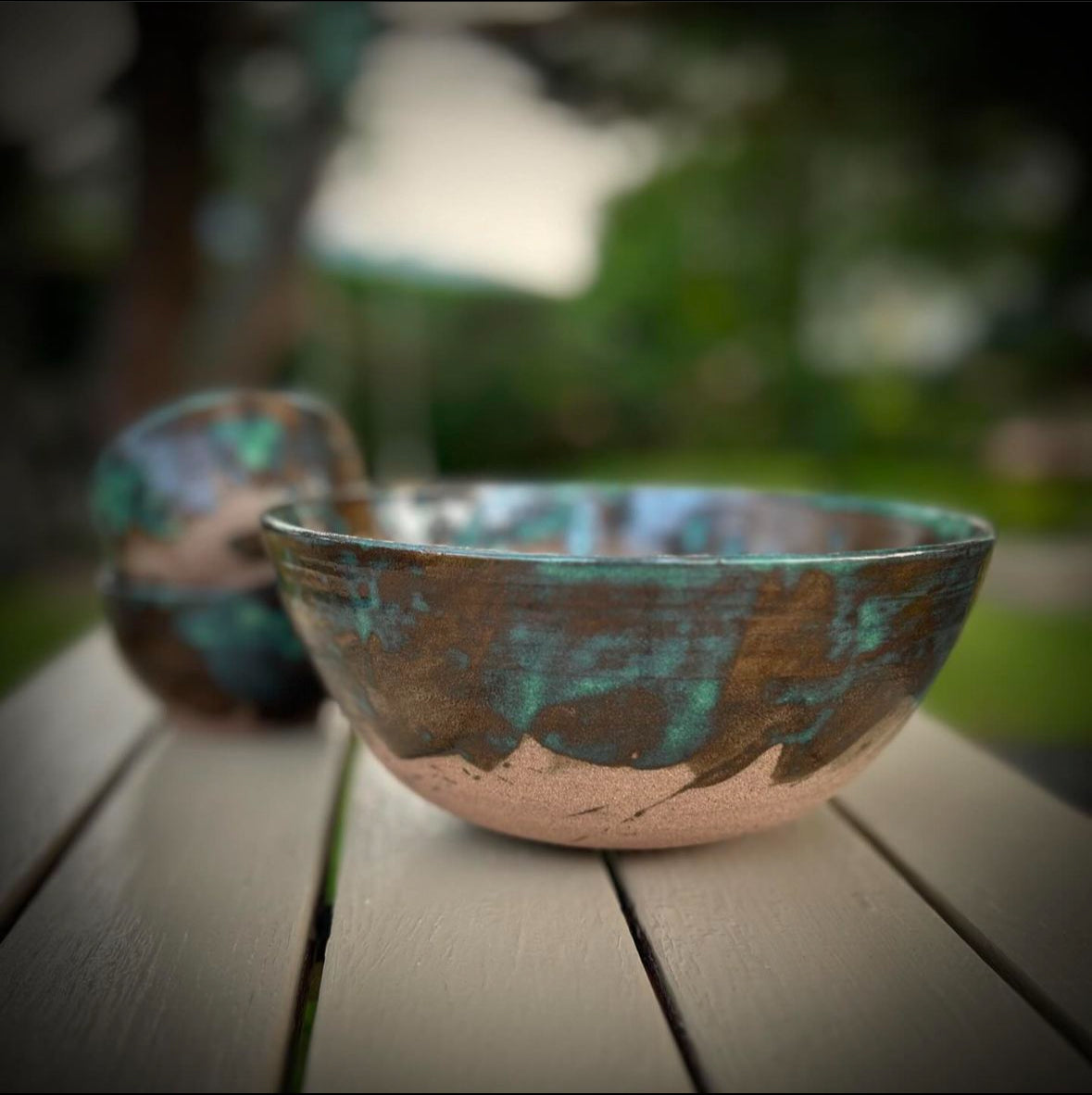 8" Service/Tonki Bowl with blue-green accents