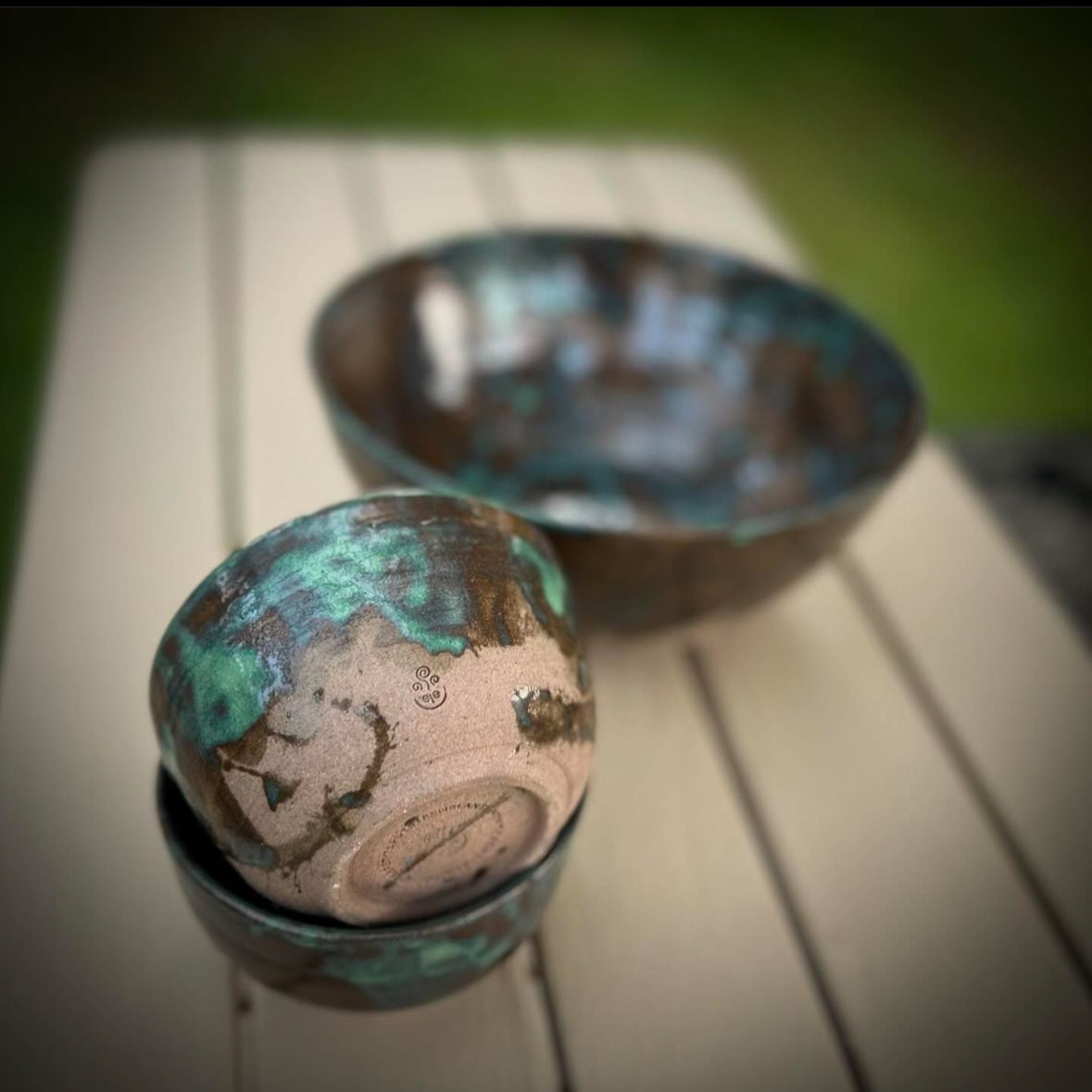 Set of tumblers/ramekins with blue-green accents