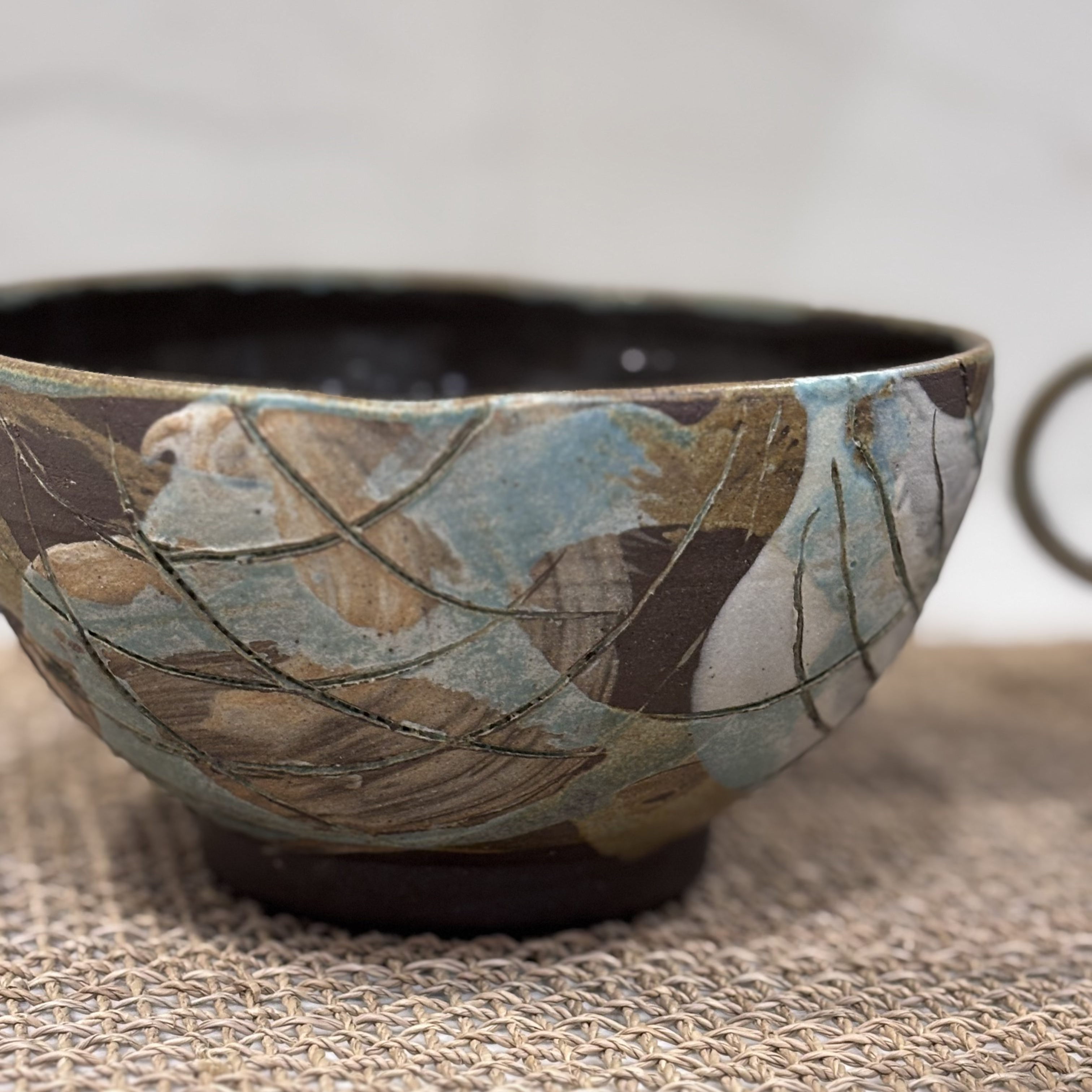 ARDOISE bowl with teal and copper motifs and sgraffito details
